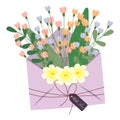 Festive illustration, cute envelope with wild flowers and label with inscription. Pastel colors