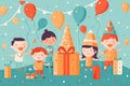 Festive illustration of excited children ready to open present boxes standing under flying balloons