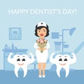 Festive illustration. Greeting card. International day of the dentist. Dentist doctor with a bouquet of flowers.