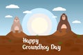 Festive illustration for Groundhog Day, cute groundhogs on landscape background with text. Postcard, print Royalty Free Stock Photo