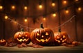 Festive illustration jack o lantern against a textured wooden background