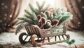 Vintage Wooden Sleigh with Christmas Decorations and Candy Canes in Snowy Setting, AI Generated Royalty Free Stock Photo