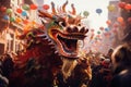 A festive image capturing a vibrant dragon parade during Chinese New Year celebrations, blending cultural tradition with the