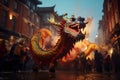 A festive image capturing a vibrant dragon parade during Chinese New Year celebrations, blending cultural tradition with the