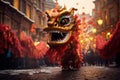 A festive image capturing a vibrant dragon parade during Chinese New Year celebrations, blending cultural tradition with the