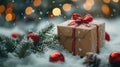 Merry Christmas Gift Box on Snow with Bokeh Lights and Fir Branch Ornament Royalty Free Stock Photo