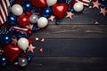 Composition of US flag, balloons and stars, celebrating Independence Day, with copy space