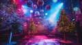 A festive indoor setting with Christmas trees adorned with lights, giant hanging baubles, and snowflakes under colorful lighting