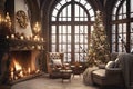 Festive interior with decorated Christmas tree and fireplace. Royalty Free Stock Photo