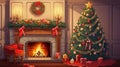 Festive interior with decorated Christmas tree and fireplace. ai generative Royalty Free Stock Photo