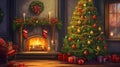 Festive interior with decorated Christmas tree and fireplace. ai generative Royalty Free Stock Photo