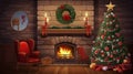 Festive interior with decorated Christmas tree and fireplace. ai generative Royalty Free Stock Photo