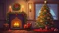 Festive interior with decorated Christmas tree and fireplace. ai generative Royalty Free Stock Photo