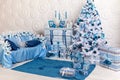 Festive interior decoration for Christmas in blue and white