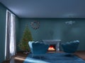Festive interior design fireplace room christmas, 3d render celebration december Royalty Free Stock Photo