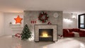 Festive interior design fireplace room  contemporary christmas, 3d render  minimalist  design, 3d render decoration Royalty Free Stock Photo