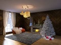 Festive interior design fireplace room christmas, 3d render Royalty Free Stock Photo