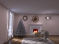 Festive interior design fireplace room christmas, 3d render celebration Royalty Free Stock Photo