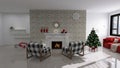 Festive interior design fireplace room christmas, 3d render  minimalist  design, 3d render decoration Royalty Free Stock Photo