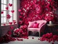 Festive interior design of room decorated with flowers and balloons for Valentine\'s Day Royalty Free Stock Photo