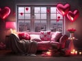 Festive interior design of room decorated with flowers and balloons for Valentine\'s Day Royalty Free Stock Photo