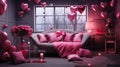 Festive interior design of room decorated with flowers and balloons for Valentine\'s Day Royalty Free Stock Photo