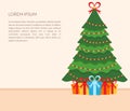 Festive interior of the room. Christmas tree, gifts, garland, and text. Flat design. Vector. Banner. Royalty Free Stock Photo