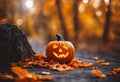 Festive jack o' lantern in an autumnal setting, placed on a sidewalk, AI-generated.