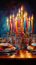 A festive and joyous Hanukkah scene, with a menorah lit up and surrounded by dreidels, gelt Royalty Free Stock Photo
