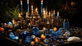 A festive and joyous Hanukkah scene, with a menorah lit up and surrounded by dreidels, gelt