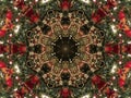 Kaleidoscope pattern of red and gold ornaments on Christmas tree branches Royalty Free Stock Photo