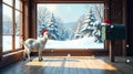 A festive kid goat in a santa hat by a snowy window with a mailbox. Generative AI Royalty Free Stock Photo