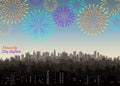 Festive landscape with bright fireworks. Firecrackers over town silhouette background. Urban city skyline with salute