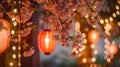 Festive Lanterns Amidst Cherry Blossoms. Generative ai
