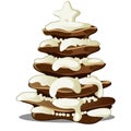 Festive layered biscuit cake covered with whipped cream in form of Christmas tree. Sketch for greeting card, festive