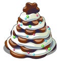 Festive layered biscuit cake covered with whipped cream in form of Christmas tree. Sketch for greeting card, festive