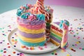 Festive layered colored pinata birthday cake with multi-colored delicious candies in the middle. Baked goods close-up on a table