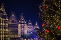 Festive lights and christmas tree on the main square of Antwerpen