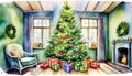 A festive living room featuring a colorful watercolor Christmas tree with presents underneath Royalty Free Stock Photo