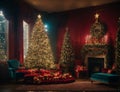 Cozy New Year interior with Christmas tree presents, lights, and fireplace Royalty Free Stock Photo
