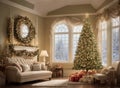 Cozy New Year interior with Christmas tree presents, lights, socks and fireplace Royalty Free Stock Photo