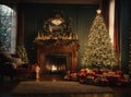 Cozy New Year interior with Christmas tree presents, lights, and fireplace Royalty Free Stock Photo