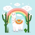 Festive llama or alpaca against the backdrop of a landscape with a rainbow, cheerful clouds and cacti. Vector