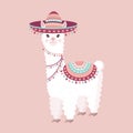 Festive Llama Or Alpaca In A Sombrero On A Pink Background. Vector Illustration For Baby Texture, Textile, Fabric