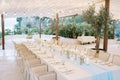 Festive long table with a strip of blue fabric in the middle under a canopy with glowing garlands