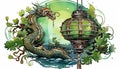 Festive Lunar New Year Illustration. Glowing Moon Lantern Surrounded by a Vibrant Green Dragon Mural