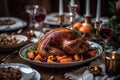 Festive Luxury Dinner Setup Featuring A Succulent Roasted Turkey - Generative AI