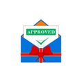 Festive mail envelope with letter notification, approved stamp and check mark. Isolated vector illustration. Royalty Free Stock Photo