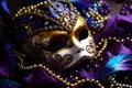 Festive Mardi Gras mask with shiny streamers - masquerade disguise. Carnival Party Generative AI Royalty Free Stock Photo