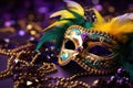 Festive Mardi Gras mask with shiny streamers - masquerade disguise. Carnival Party Generative AI Royalty Free Stock Photo